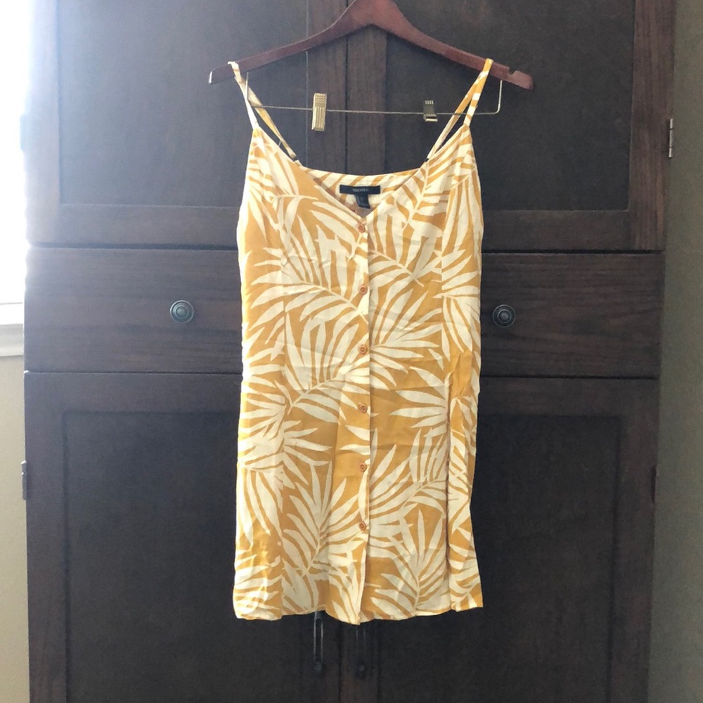 leaf print yellow linen sundress. 27 inches long